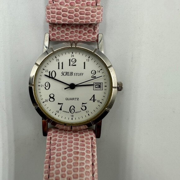 Scrub Stuff Watch Women Silver Tone Date Window Pink Leather Band New Battery 9" - Picture 1 of 13